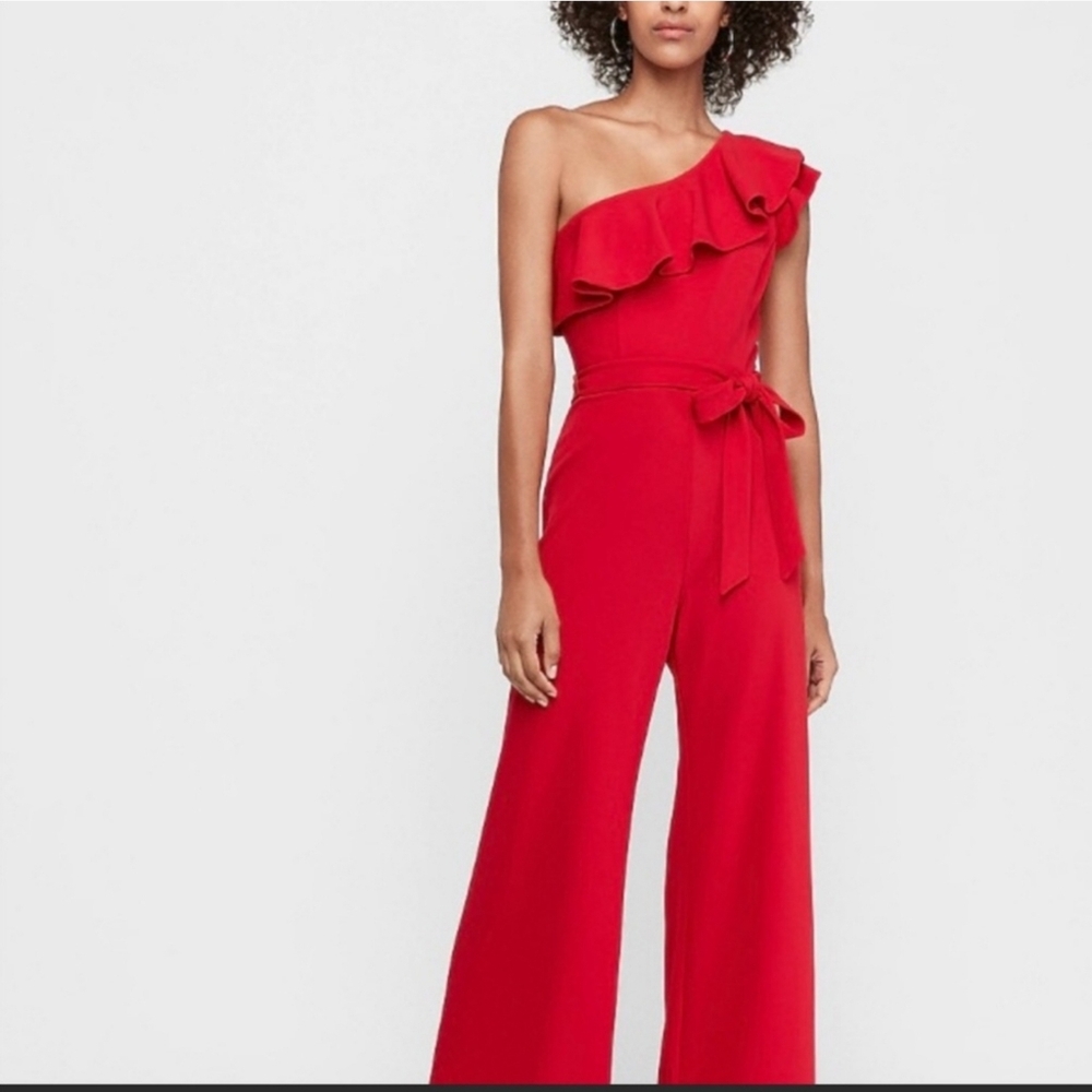 Red Sleeveless One Shoulder Belted Jumpsuit